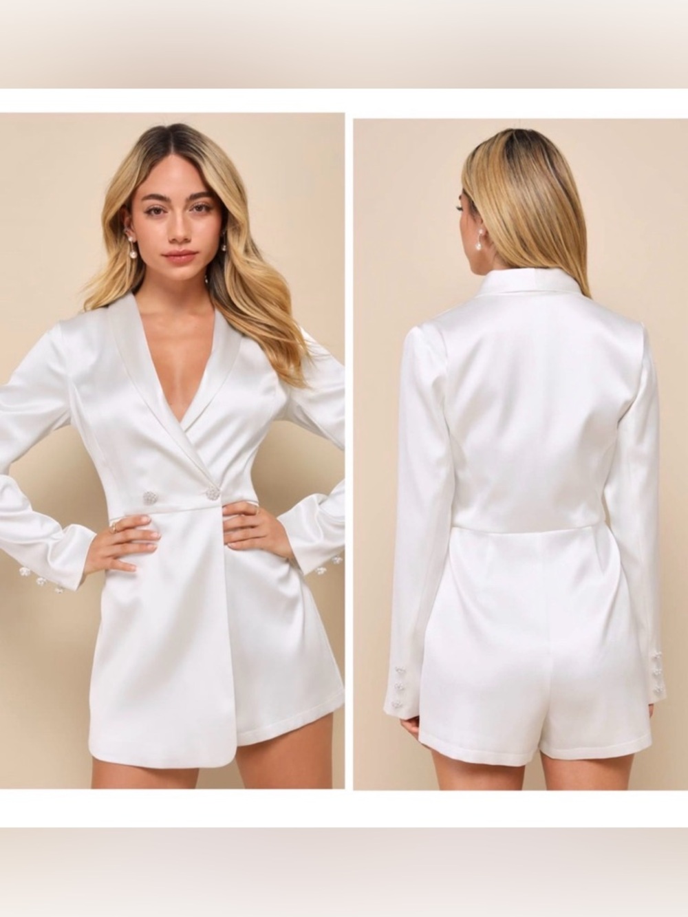 Lulus Regal Aura White Satin Long Sleeve Blazer Romper Size Small Bridal Party